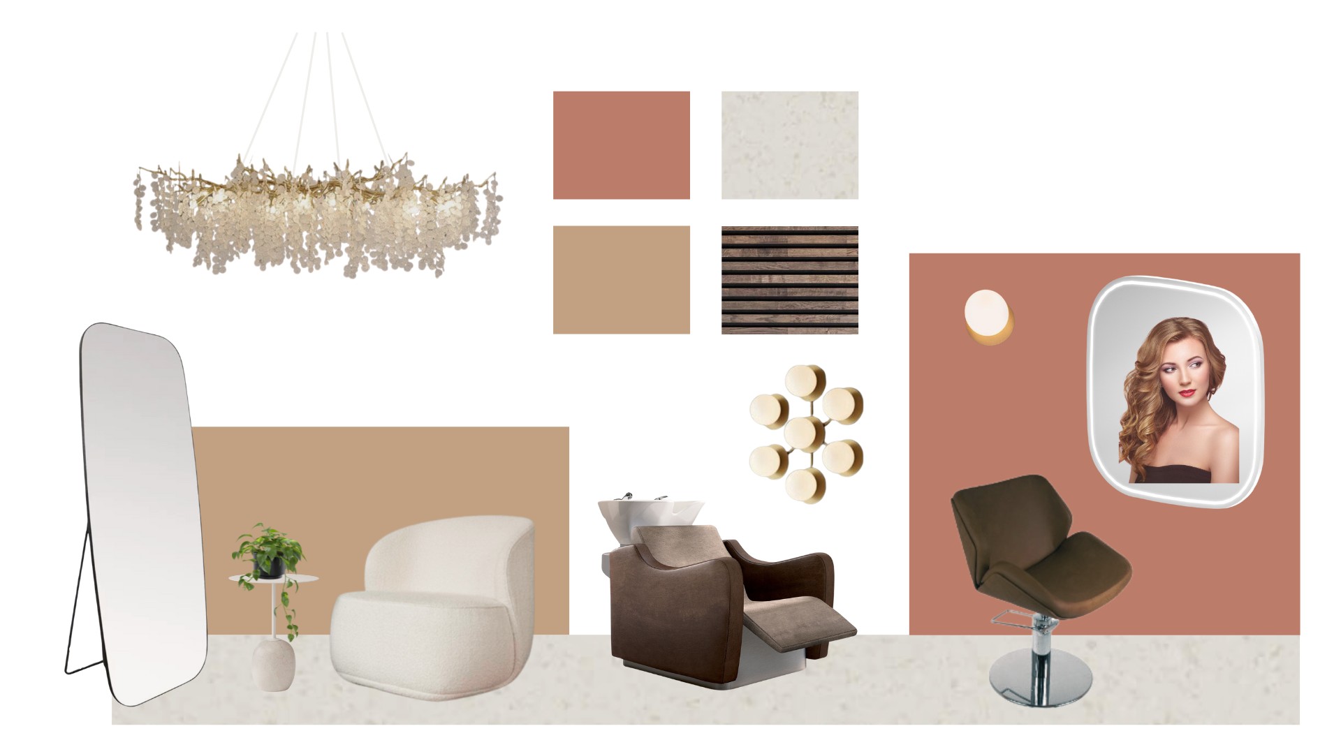 Moodboard, varme toner og gyldent treverk